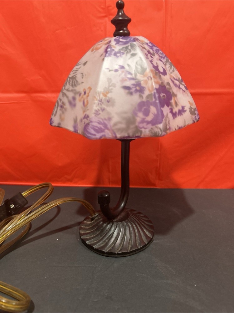 VTG Floral Glass Shade Mini Purple Umbrella Desk/Table Lamp 10”H Tested