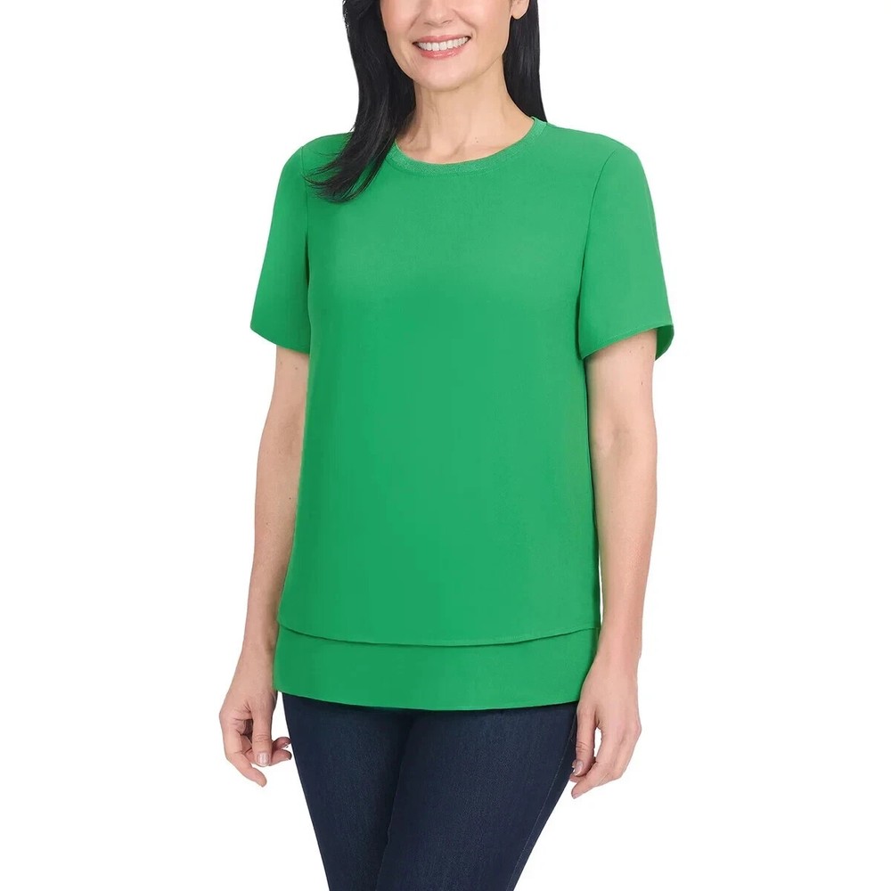 Hilary Radley Women's Short Sleeve Double Layer Blouse, Green, Size XXL