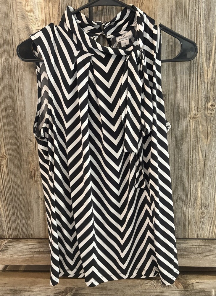 Worthington Women's M Black/White Chevron Sleeveless Mock Neck Tie Blouse