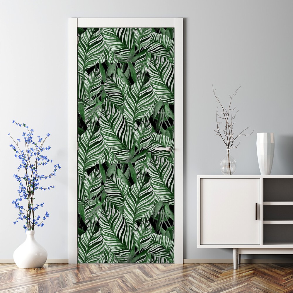 Dark Tropical Jungle Leaves Watercolor Bubble-Free Self-Adhesive Door Sticker