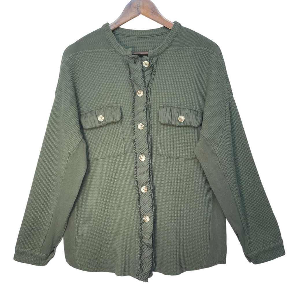 Chouyatou Women Waffle Knit Shirt Jacket Size M Green Button Up Long Sleeve