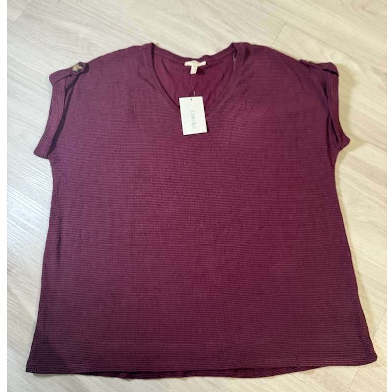 Como Blu Women's 2X Burgundy Striped V Neck Short Sleeve Top Button Detail