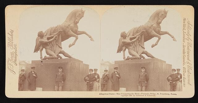 man conquering the brute--Fontanka Bridge, St. Petersburg, Russia 1897