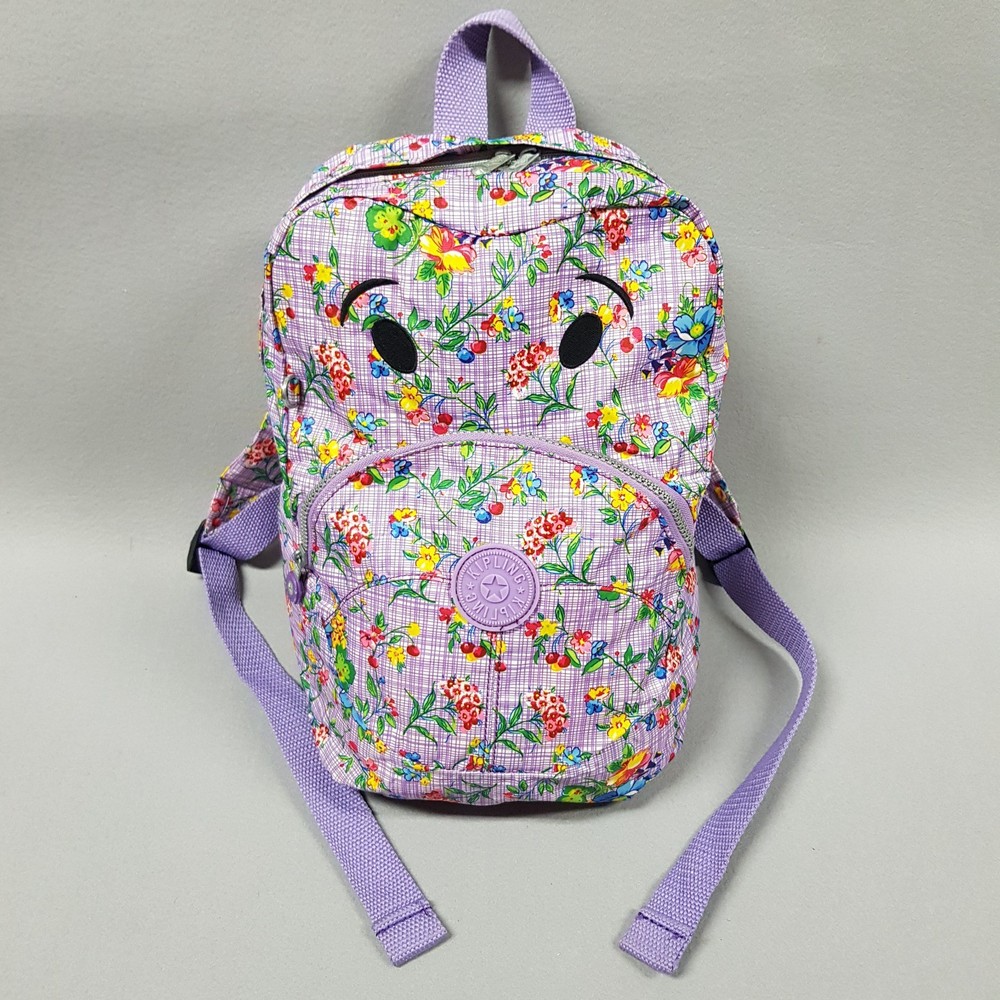 Kipling Back Pack Kids Floral Travel School Bag Purple Embroidered Eyes 12