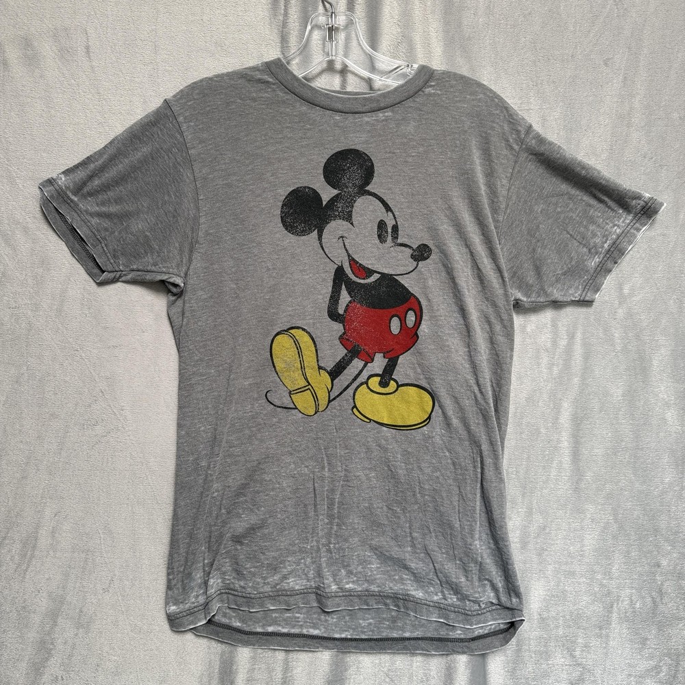 Disney Mickey Mouse Shirt Mens Small Gray Graphic Tee Distressed Soft Crewneck