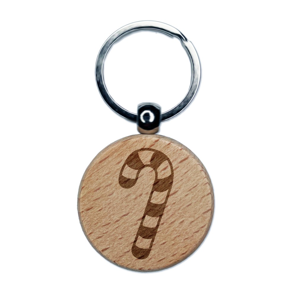 Candy Cane Christmas Engraved Wood Round Keychain Tag Charm