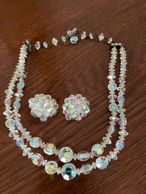 Vintage Clear Aurora Borealis Faceted Cut Crystal Necklace 2 Strand & Earrings