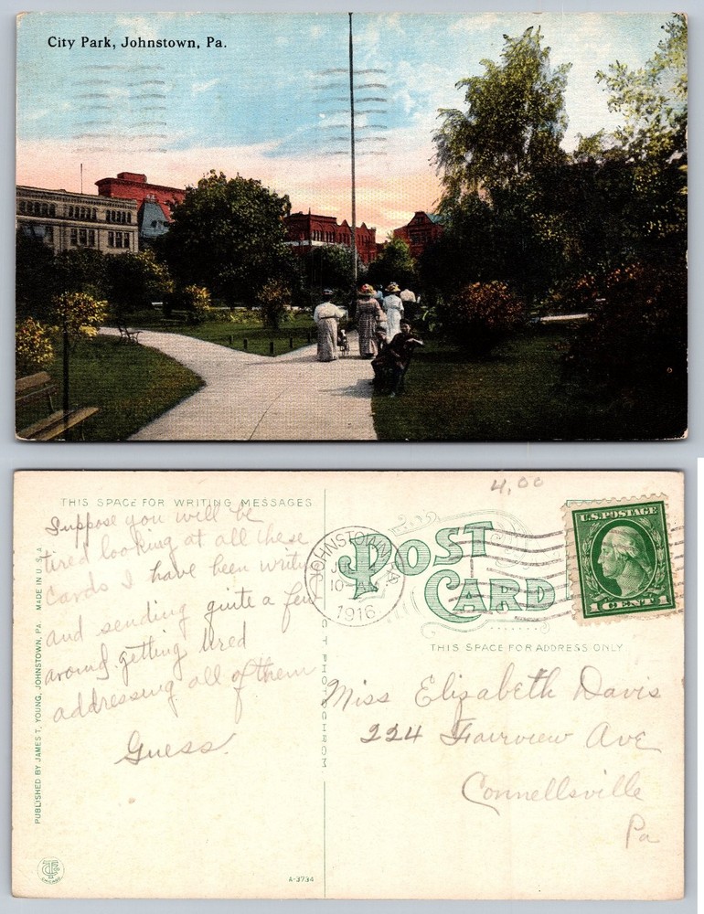 1916 Johnstown PA City Park Postcard Vintage Pennsylvania Posted Divided Back