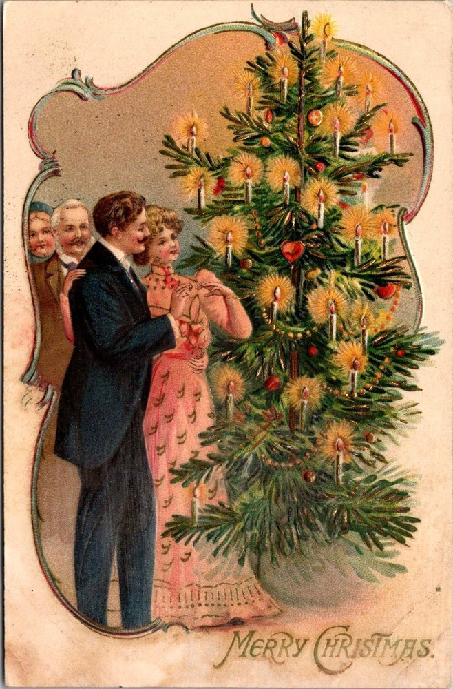 Antique Postcard 1905 Merry Christmas Embossed Christmas Tree Husband Wife