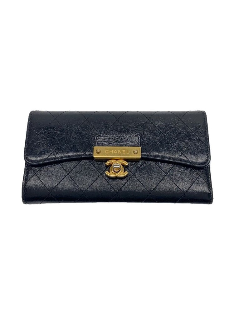 CHANEL Long Flap Wallet Goatskin Leather Gold CC Turn Lock Black Pre-Loved