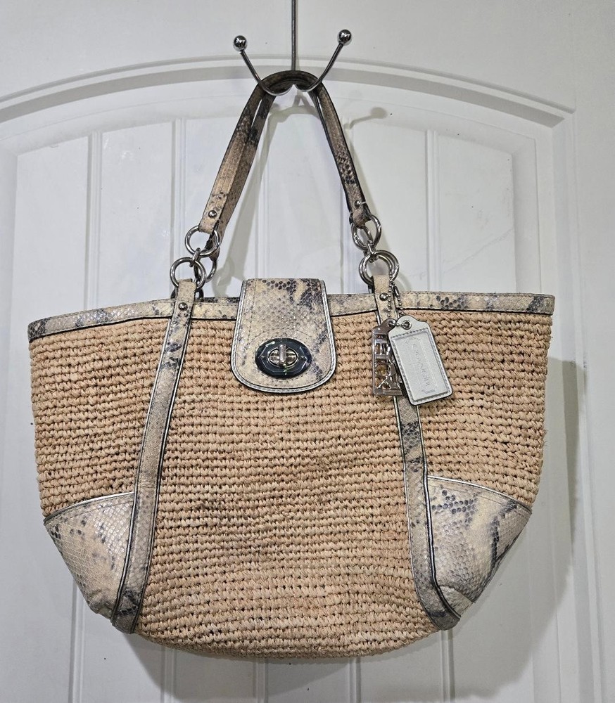 COACH Hampton Python Leather Trim Straw Turn Lock Shoulder Tote Bag #19359-READ