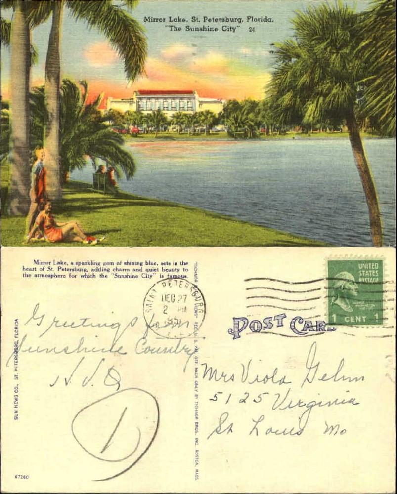 Mirror Lake St Petersburg Florida The Sunshine City postcard mailed 1957