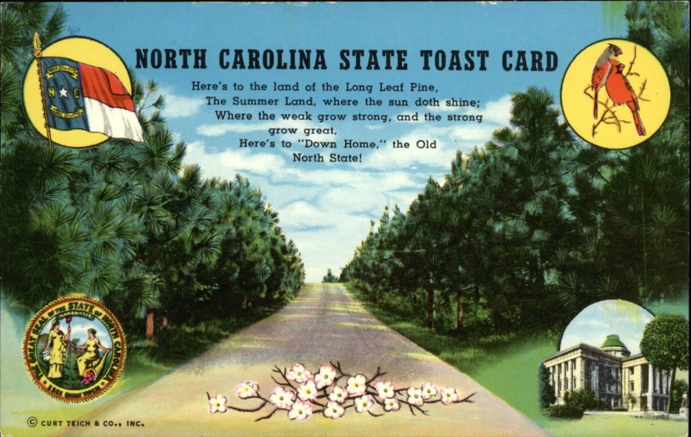 North Carolina State Toast Seal Flag Cardinal bird Capitol vintage postcard