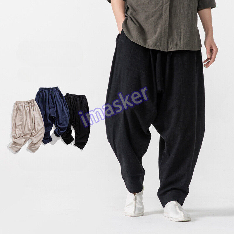 Men's Cotton Linen Harem Pants - Loose Tapered Fit with Elastic Waist - Kung Fu Style Sizes M-5XL