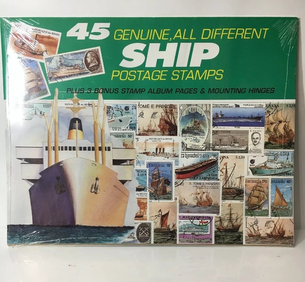 45 Genuine SHIP Postage Stamps - All Different - Plus 3 Stamp Album Pages