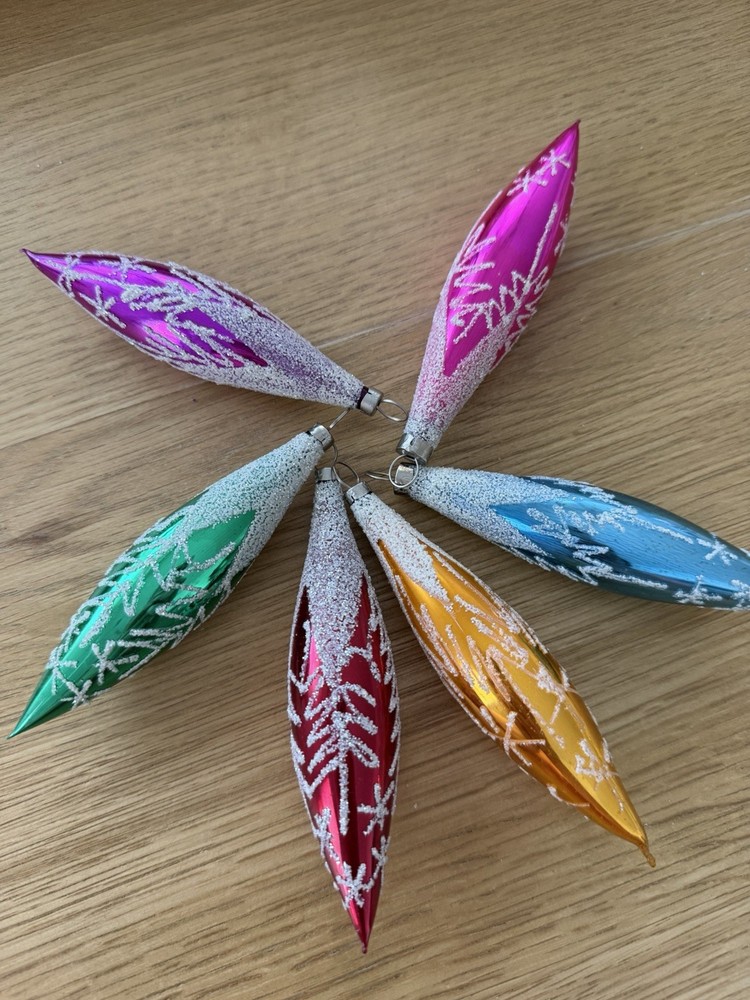 Vintage Teardrop Glass Mica Christmas Ornaments Set of 6 (No Box )