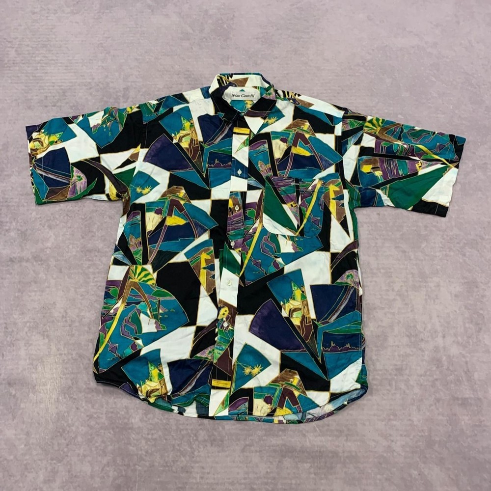 Vintage Patterned Shirt Abstract palm tree patterned short sleeve shirt Men's M-image