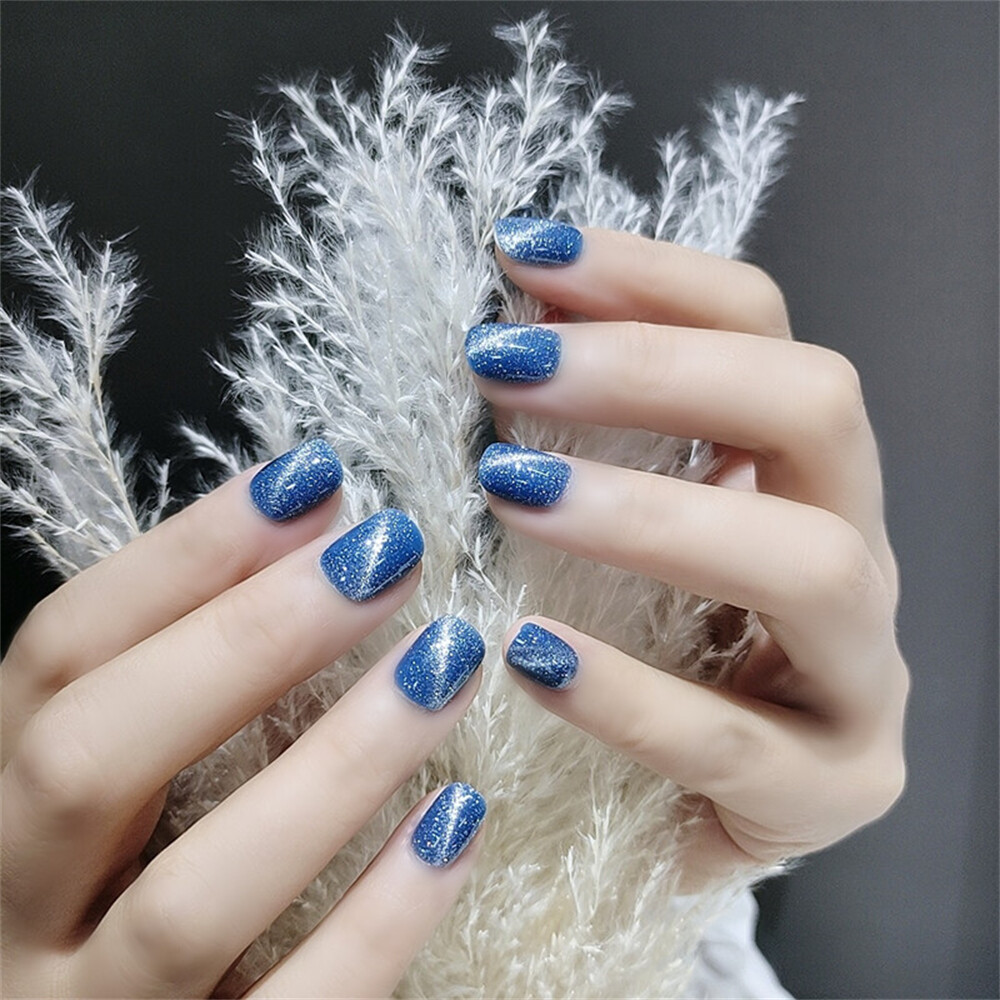 Diamond Blue Cat Eye False Nail Short Square Press on Nails for Nails Art 24pcs