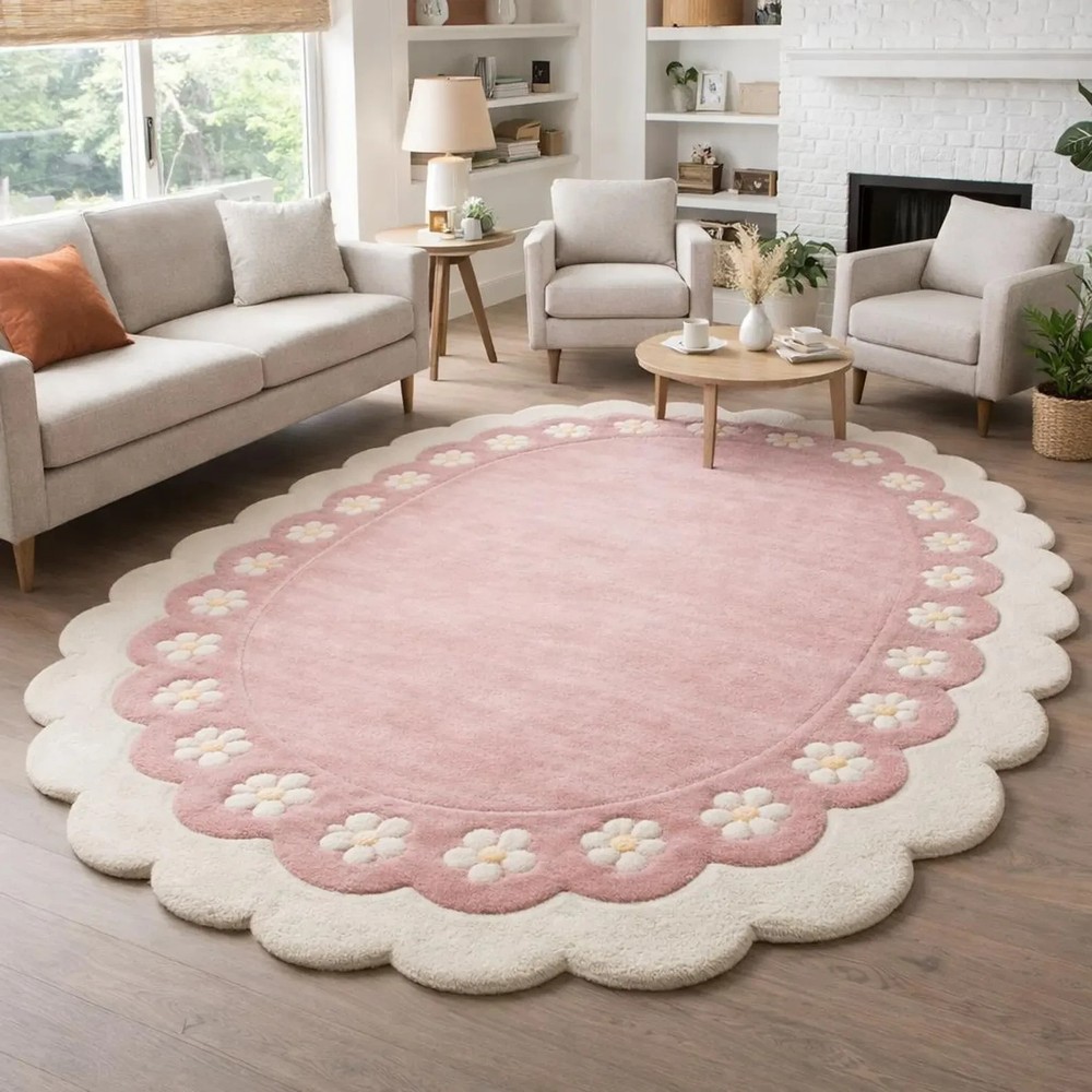 Hand Tufted Wool Area Rug, Pink Scalloped Floral Rug, Cute Handmade Wool Carpet,