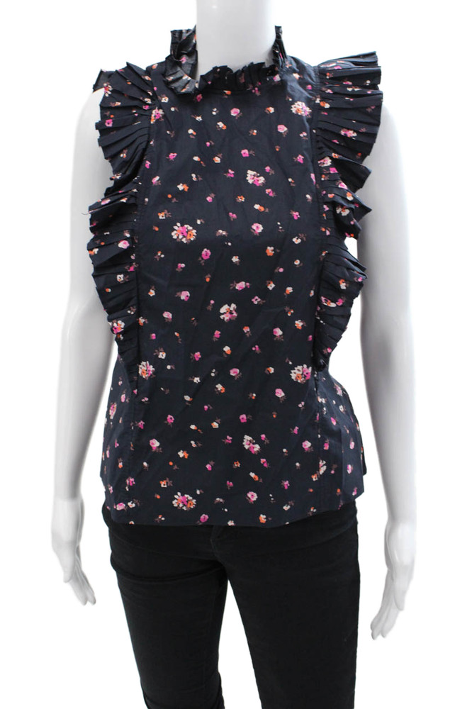 Rebecca Taylor Womens Cotton Floral Ruffle Sleeveless Blouse Top Blue Size 2Free Shipping in US $100+ Orders | $6.95 Orders Below