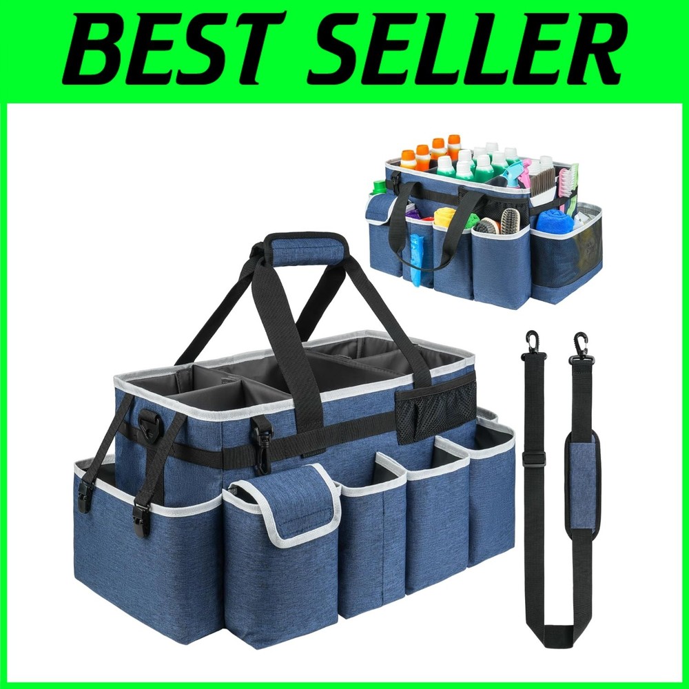 Deluxe Blue Cleaning Supplies Organizer - XL Caddy Bag with Removable Divider