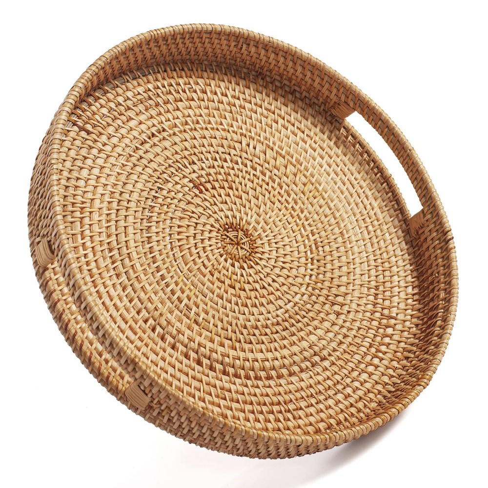 Rattan Ottoman Tray with Handles for Home and Kitchen Serving