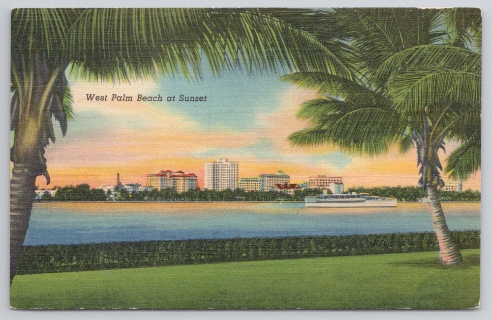 West Palm Beach FL Sunset Skyline Palm Trees Curt Teich Linen Postcard 1938