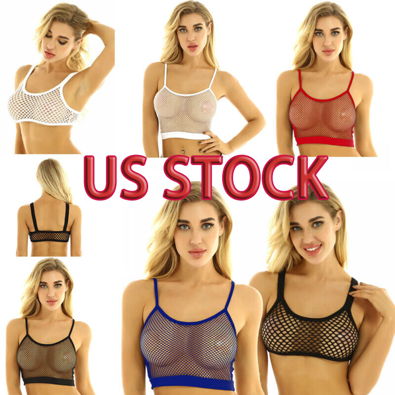Women Fishnet Tank Crop Tops See Through Spaghetti Straps Vest Slim Fit Camisole