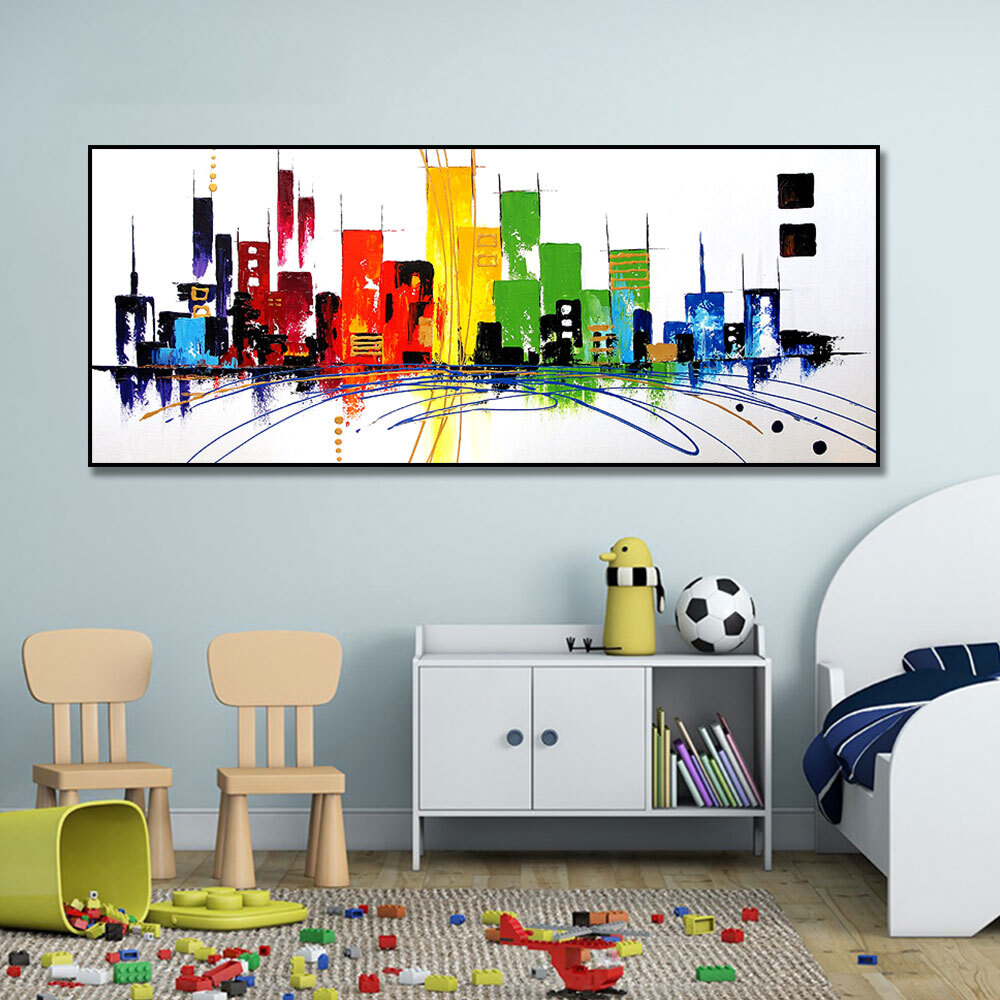 Hand painted Abstract Landscape Oil Painting Colorful Mordern Building Wall Art