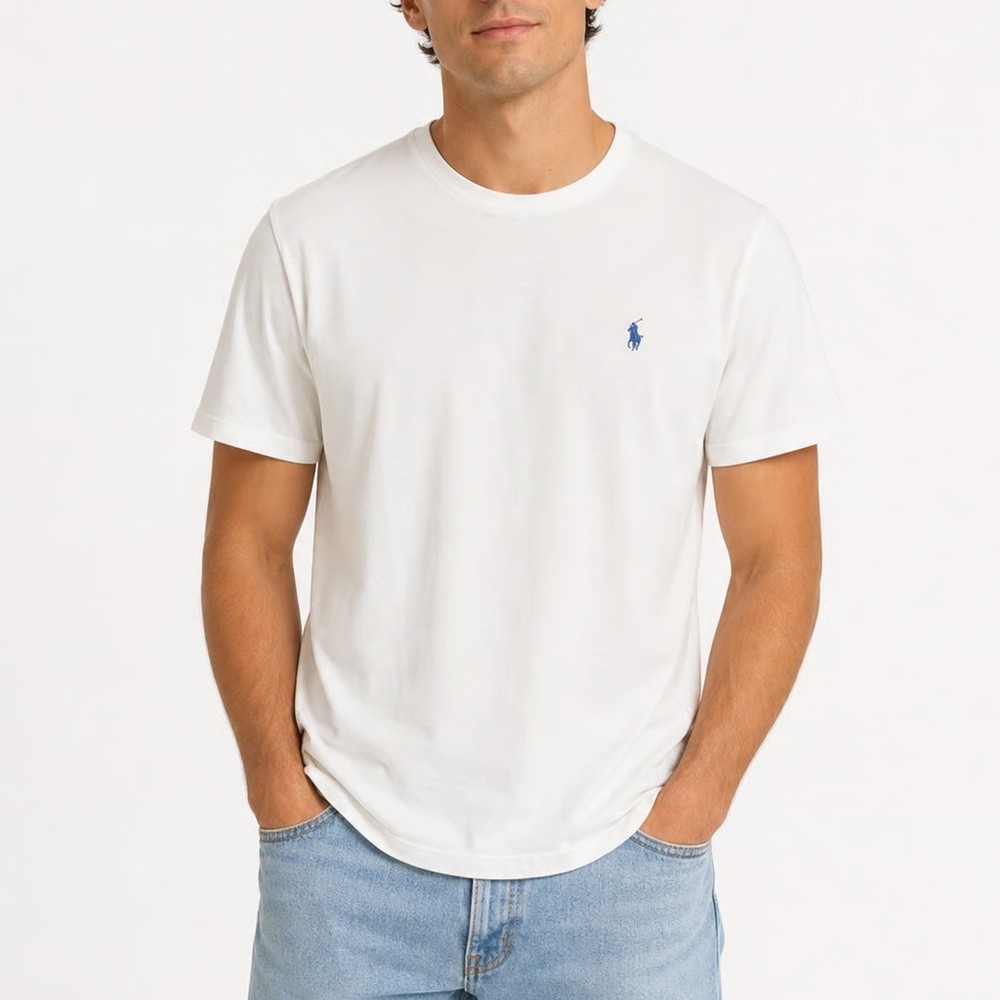 Polo Ralph Lauren Mens White Custom Slim Fit Crew Neck T-Shirt Blue Pony Large