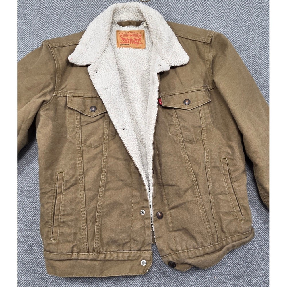 Levis Sherpa Lined Trucker Jacket Olive Green Canvas WaterLess Mens Small S