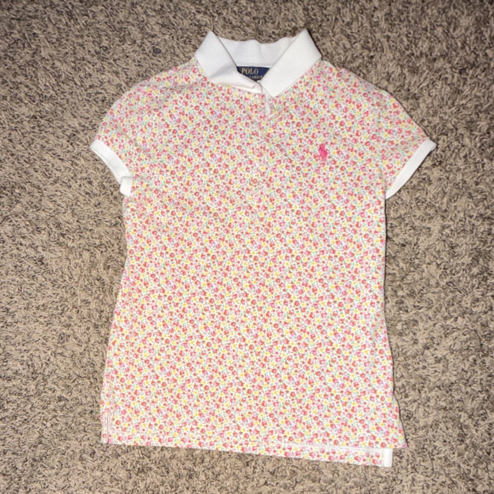 Polo Ralph Lauren Girls White Pink Polo Shirt M (8-10) Floral Embroidered Logo