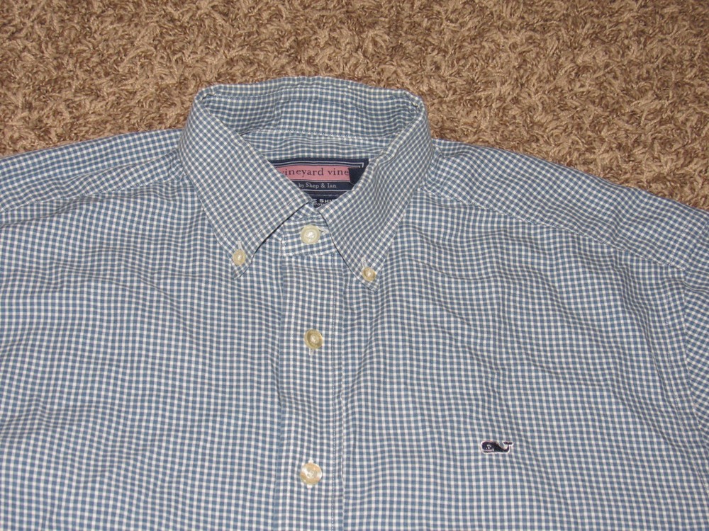 VINEYARD VINES Men's Medium Button Up WHALE Shirt Blue White Check L/S All Cttn