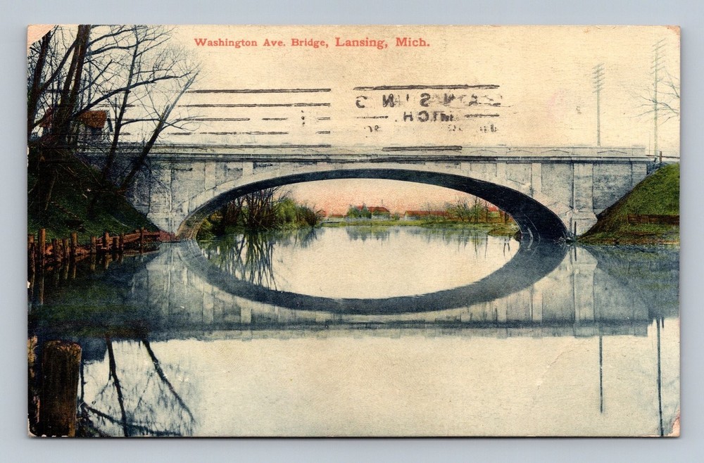 Vintage Washington Ave Bridge Lansing Michigan Postcard 1907