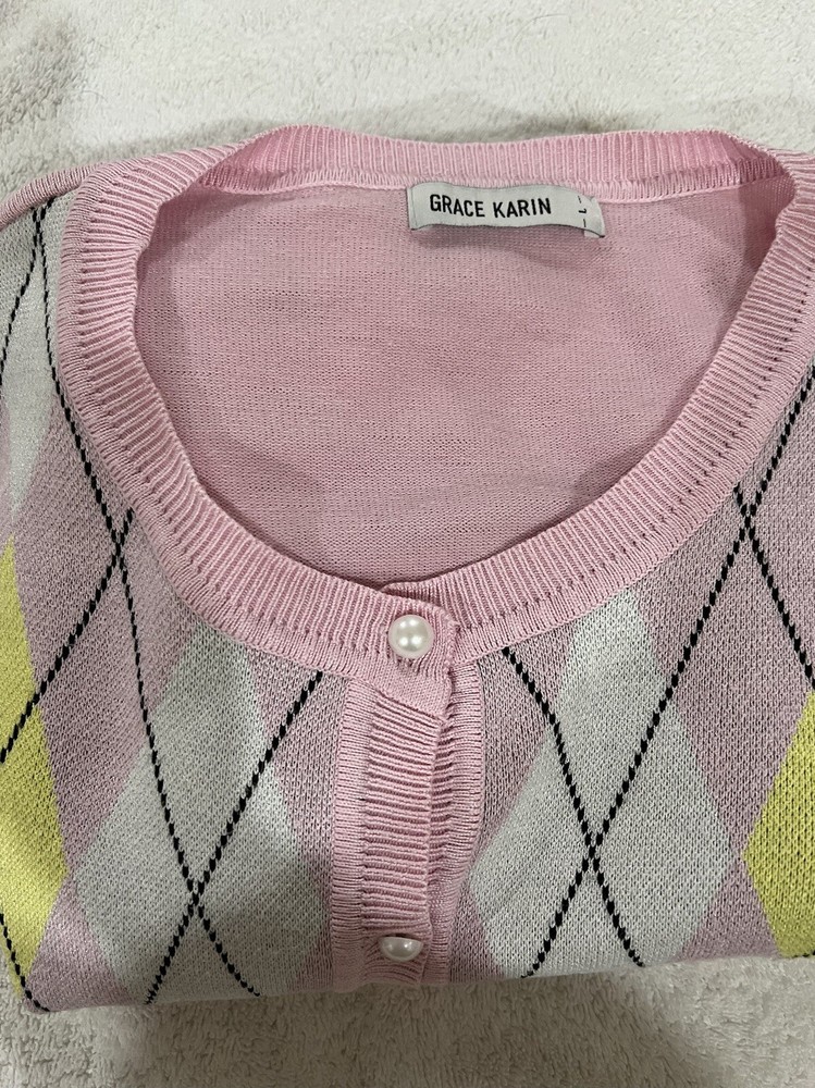Grace Karin Plus Size 2XL Pink Multicolor Argyle Long Sleeve Cardigan Sweater NWT