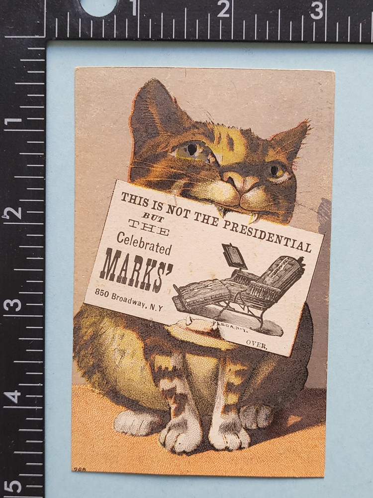 victorian trade card cat advertising the marks' adjustable folding chairs
