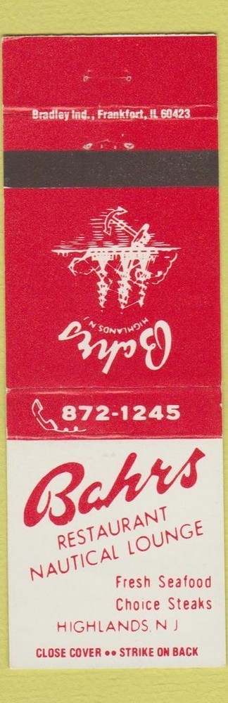 Matchbook Cover - Bahrs Restaurant Highlands NJ
