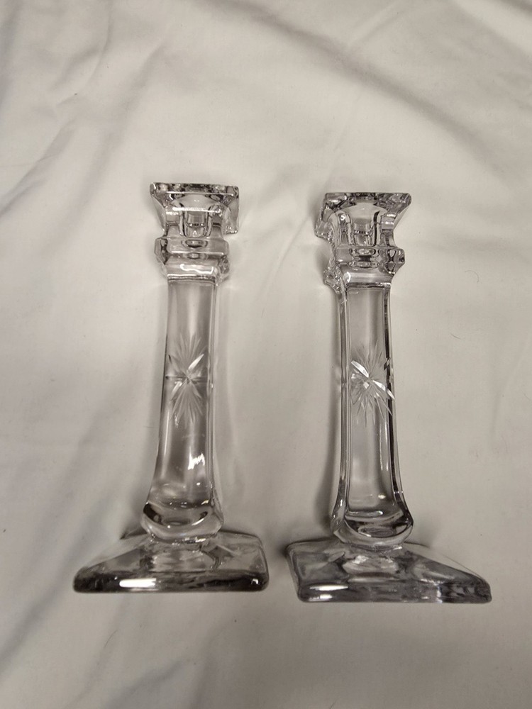 Pair Of Vintage Westmoreland Clear Glass Floral Etched Candlesticks 7.5”
