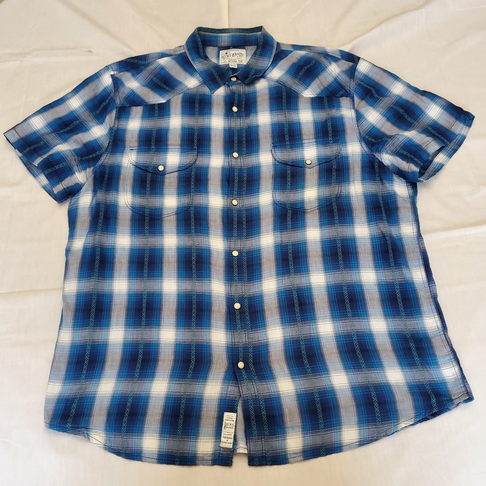 Lucky Brand Men's XL Western Shirt Plaid Pearl Snap SS Blue White