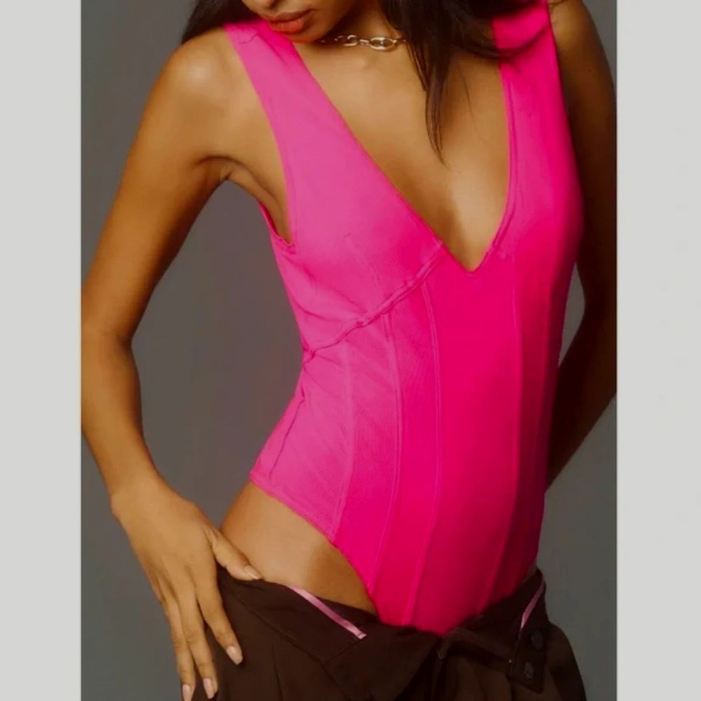 Anthropologie Pilcro Hot Pink Plunge Bodysuit Size S NWT
