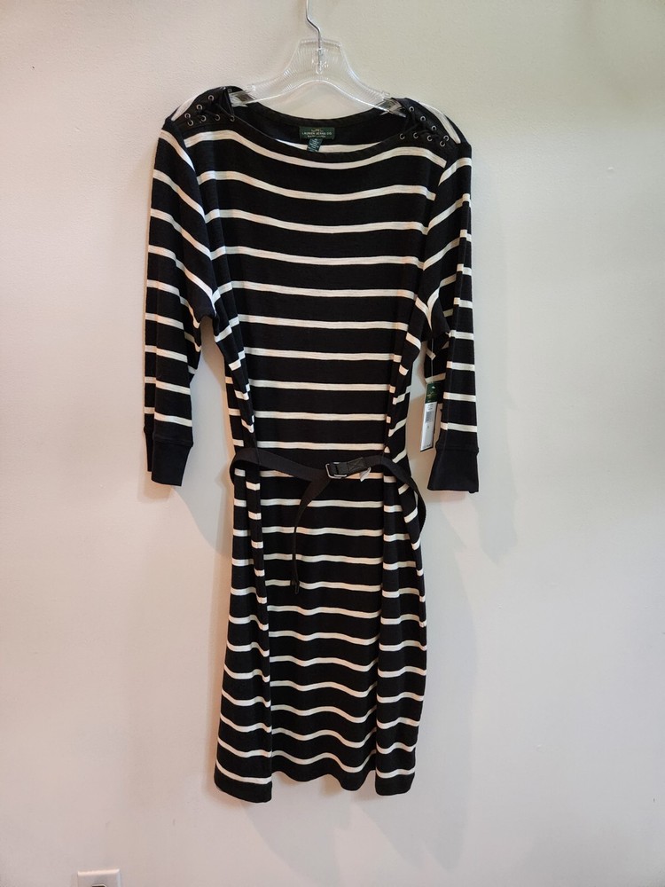 Ralph Lauren Jeans Co Dress XL  Black White Striped Shift Dress Belted Nautical
