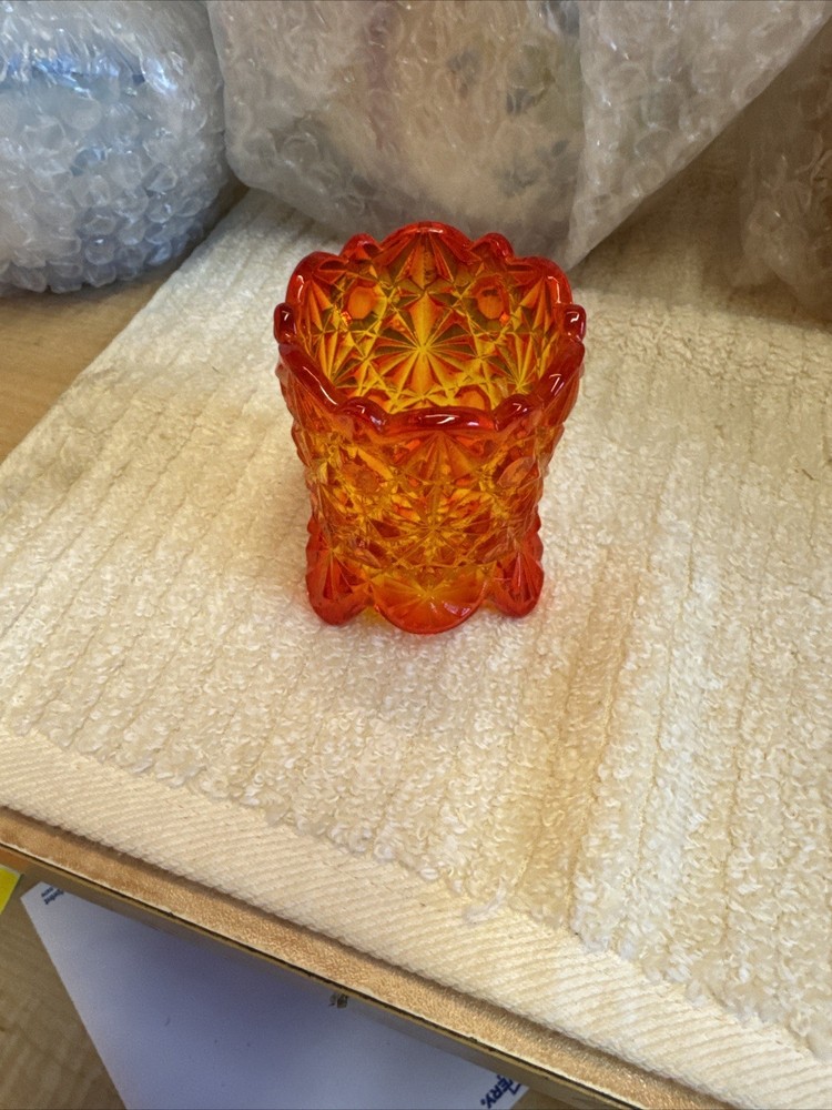 Amberina Glass Toothpick Holder Red Orange Yellow ￼