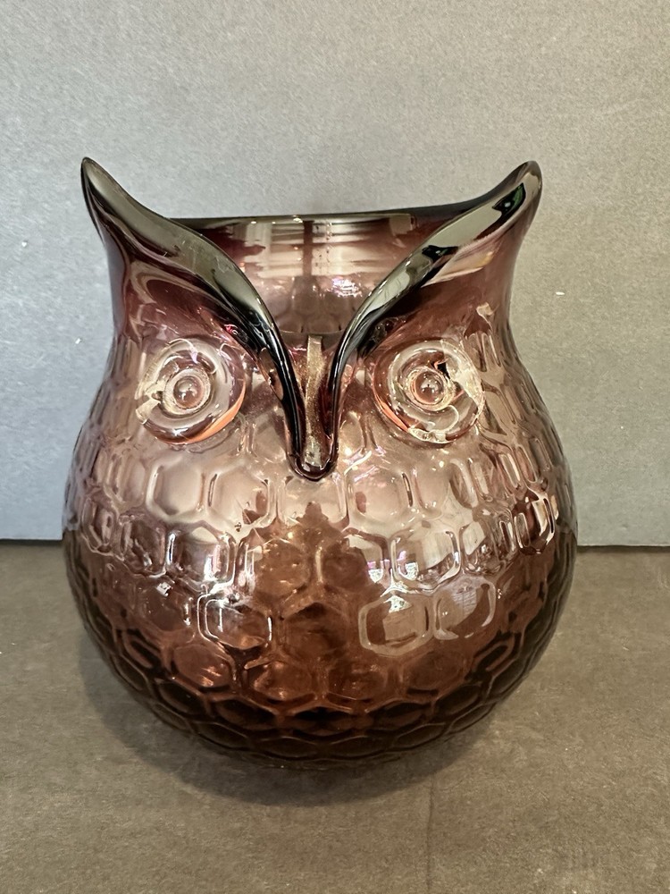 Owl Vase Art Glass Hand Blown, AMETHYST Honeycomb 7”
