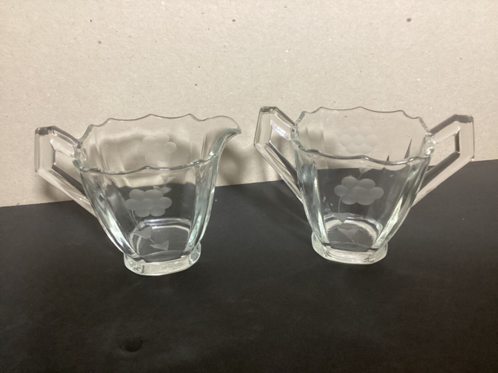 Vintage Paden City Glassworks clear etched sugar and creamer