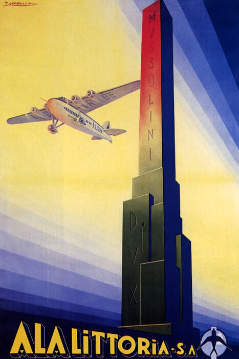 Vintage Mussolini Era Italian Airline Littoria Travel Poster Repro