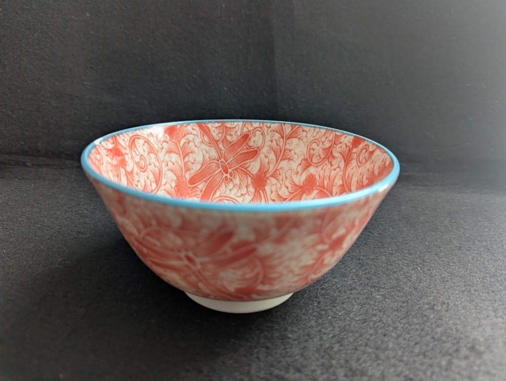 Japanese Ramen/Soup Bowl, Coral Color with Dragonflies & Vibrant Blue Rim