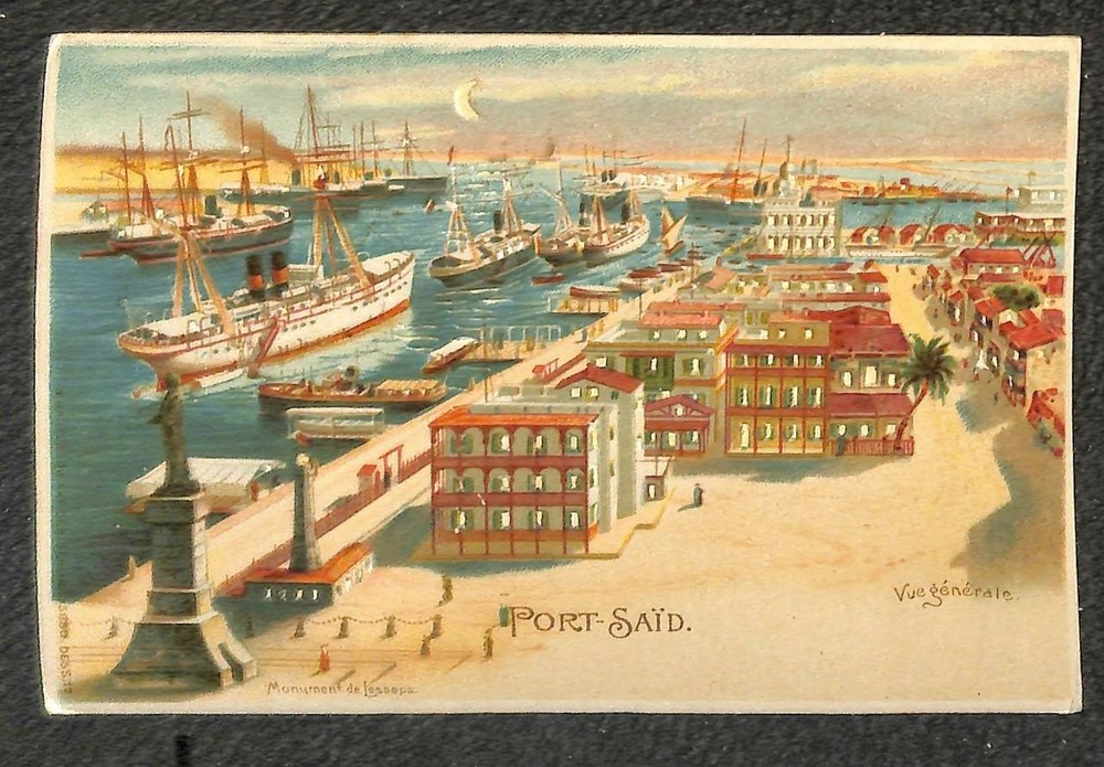 PORT SAID EGYPT SHIPS TOWN DIE-CUT HOLD TO LIGHT HTL POSTCARD (c. 1905)