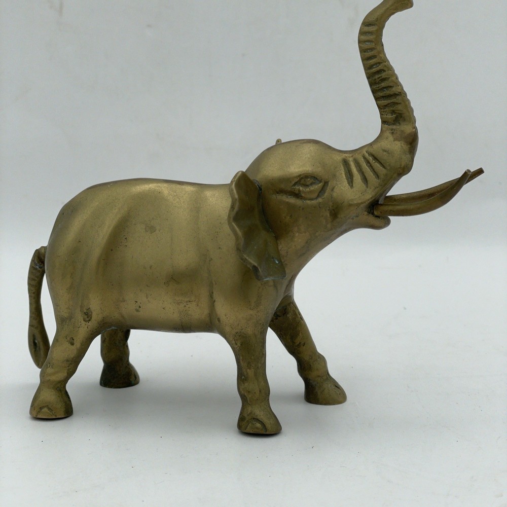 Vintage Heavy Brass Elephant Paperweight Decor Figurine Trunk Up