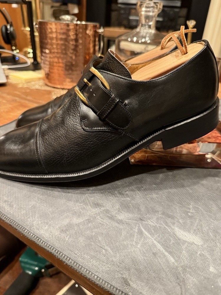 Magnanni Black Leather Monk Strap Men's Dress Shoes Buckle Cap Toe Almond Toe