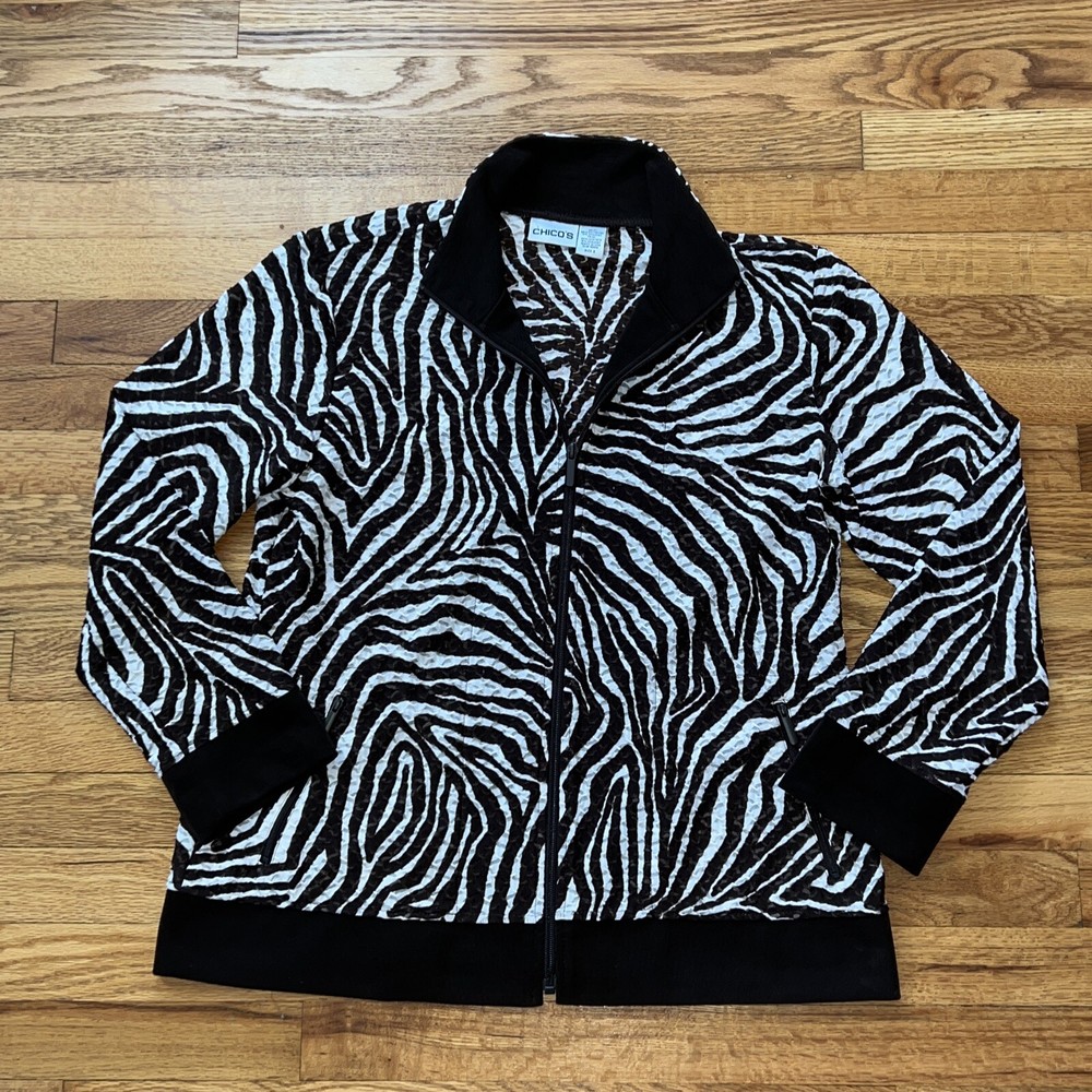 Chico's Full Zip Jacket Large Brown White Zebra Long Sleeve Pockets Lightweight